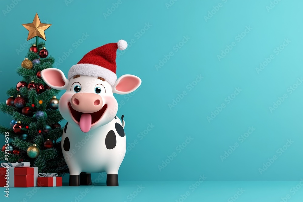 A happy 3D cow with a Christmas hat, tongue out, standing beside a decorated Christmas tree, spreading holiday cheer A happy 3D cow with a Christmas hat, tongue out, standing beside a decorated Christmas tree, spreading holiday cheer