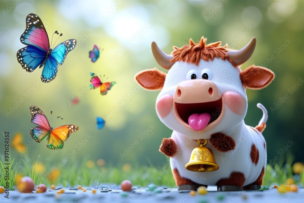 Naklejka premium A happy 3D cow with a golden bell, tongue out, and standing beside a colorful butterfly fluttering around it