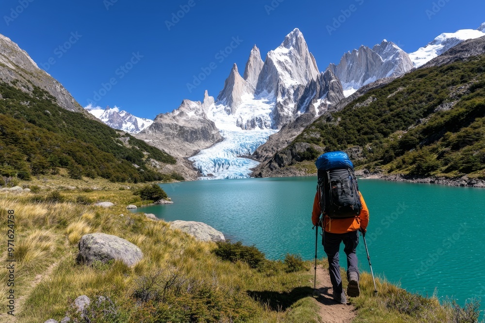 Naklejka premium A hiker trekking through Patagonia, crossing glaciers and emerald lakes with the jagged peaks of the Andes in the background