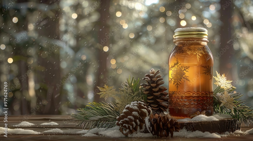 A jar of honey is placed on the wooden table