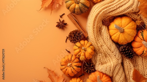 Obraz na płótnie Autumn Decorations Featuring Pumpkins, Pine Cones, and a Cozy Sweater on an Orange Background w salonie