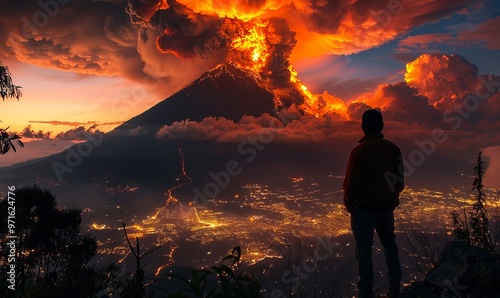 Man watching eruption of Fuego Volcano, Guatemala