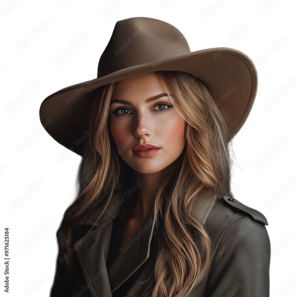 Portrait of a young woman wearing a wide-brimmed hat and looking confidently into the camera Portrait of a young woman wearing a wide-brimmed hat and looking confidently into the camera