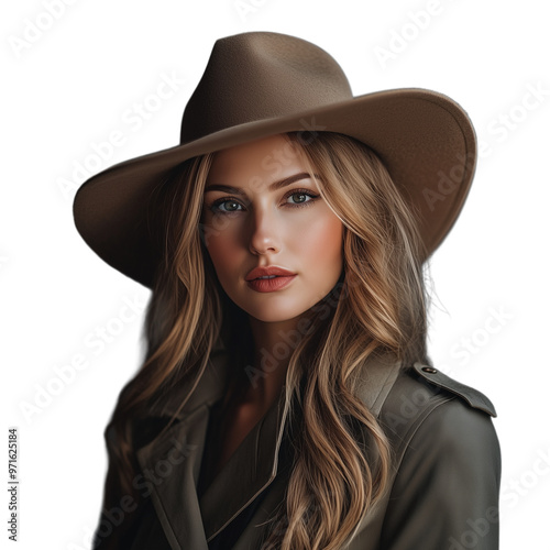 Portrait of a young woman wearing a wide-brimmed hat and looking confidently into the camera