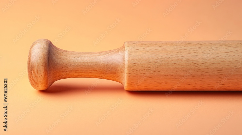 A wooden rolling pin on an orange background, used for baking and cooking. A wooden rolling pin on an orange background, used for baking and cooking.