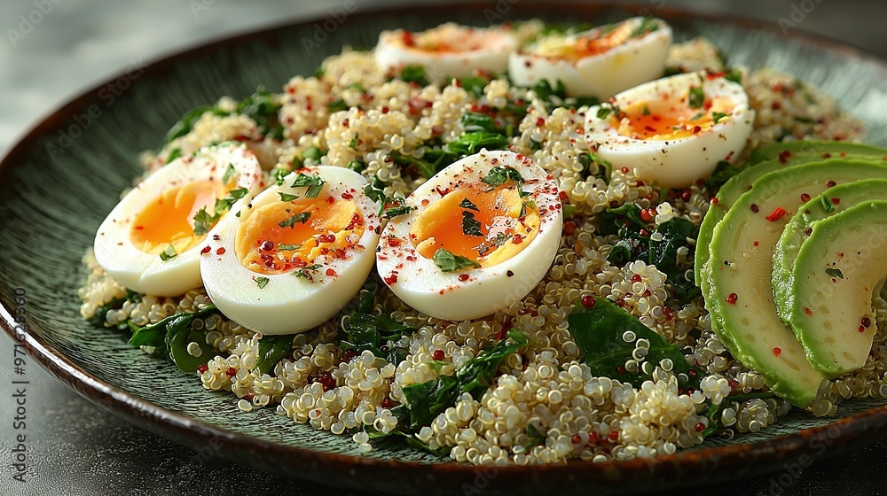   A plate of food featuring eggs on top of couscous and avocado