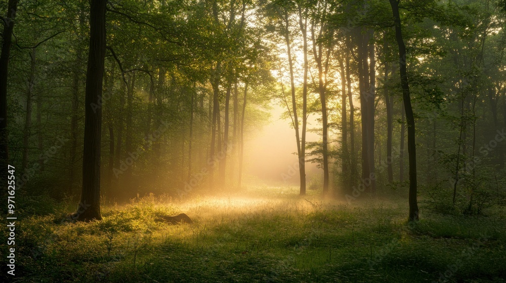 A serene forest scene illuminated by soft sunlight filtering through the trees. A serene forest scene illuminated by soft sunlight filtering through the trees.