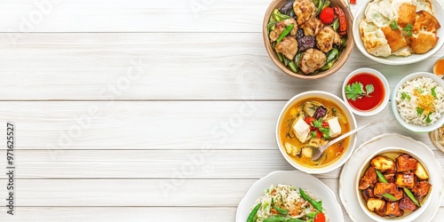 food photo of various dishes on a light wooden background