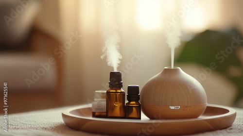 A wooden diffuser emits steam beside essential oil bottles on a tray in a cozy setting. photo