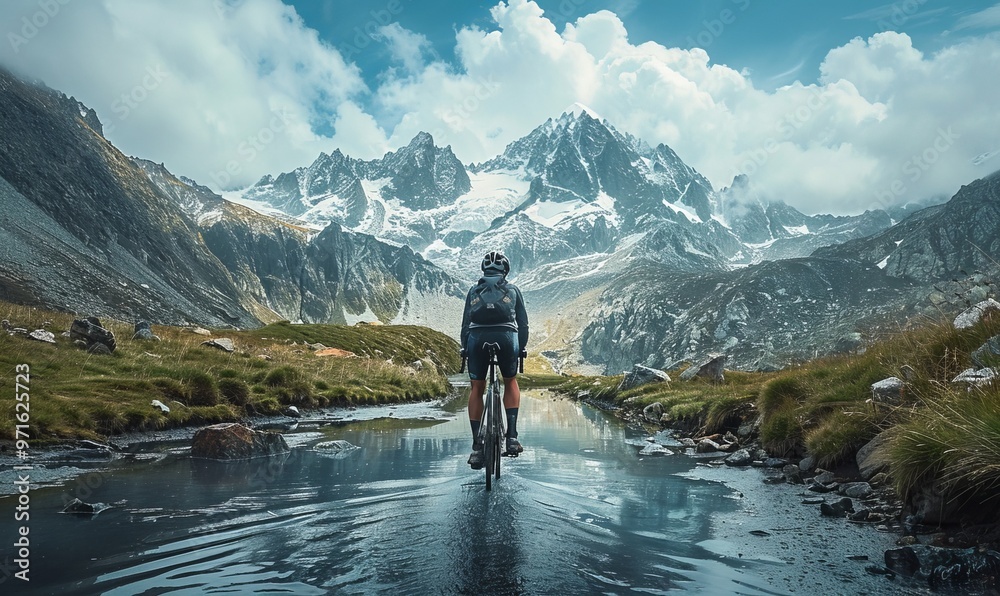 Fototapeta premium Rider driving bicycle in the mountains