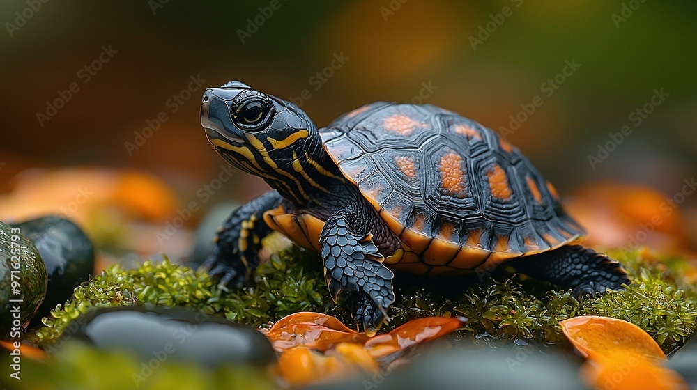 A clear shot of a tiny turtle resting on a bed of lush moss with boulders in the foreground and a hazy backdrop A clear shot of a tiny turtle resting on a bed of lush moss with boulders in the foreground and a hazy backdrop
