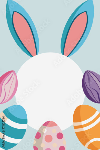 Bunny Ears with Colorful Easter Eggs on Pastel Background, Minimalistic Spring Design