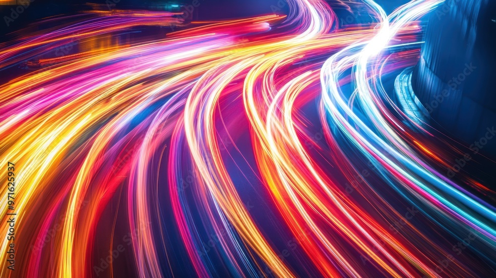 A vibrant, abstract depiction of light trails from moving vehicles at night. A vibrant, abstract depiction of light trails from moving vehicles at night.