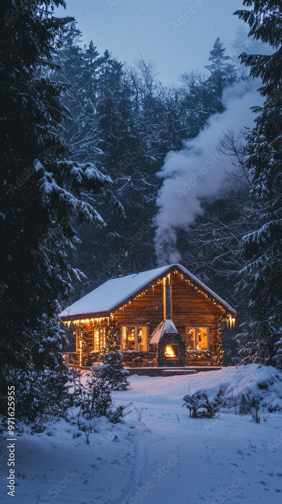 A cozy winter cabin adorned with twinkling Christmas lights, surrounded by snow A cozy winter cabin adorned with twinkling Christmas lights, surrounded by snow