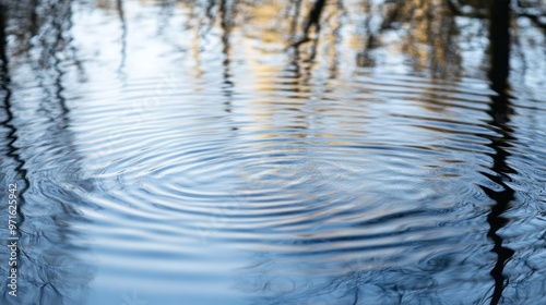 A serene water surface reflecting trees and ripples, evoking tranquility and nature.