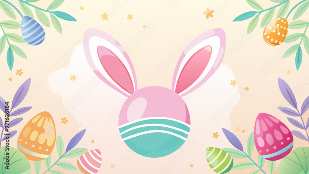 Pastel Bunny Ears and Colorful Easter Eggs with Leaves, Whimsical Spring Design Pastel Bunny Ears and Colorful Easter Eggs with Leaves, Whimsical Spring Design