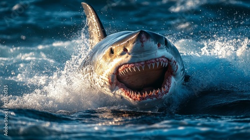 Jaws. A large, ferocious shark emerges powerfully from tumultuous ocean waves.