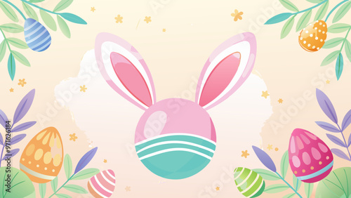 Pastel Bunny Ears and Colorful Easter Eggs with Leaves, Whimsical Spring Design