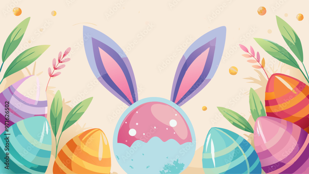 Obraz premium Easter Bunny Ears with Colorful Eggs and Leaves, Abstract Pastel Background with Copy Space