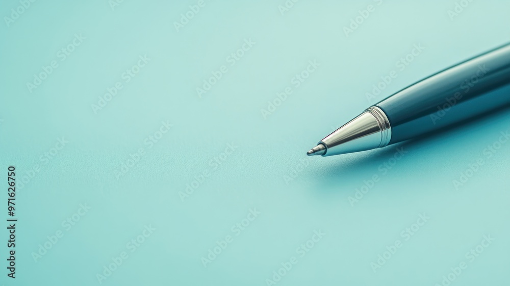 A close-up of a pen resting on a smooth, light turquoise surface.