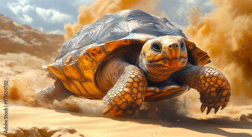 A large tortoise is running through the desert, kicking up sand as it goes. The scene is dynamic and energetic, with the tortoise appearing to be in motion and the sand flying around it photo