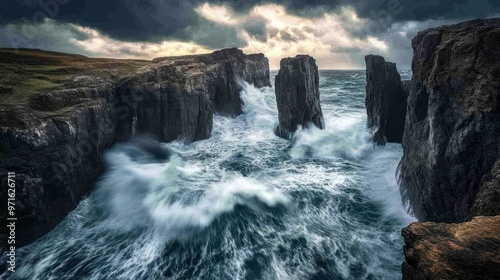 Dramatic seascape with crashing waves against towering cliffs under a stormy sky.