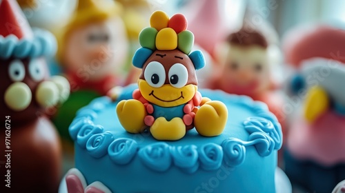 A colorful cake topped with a cheerful character and surrounded by playful decorations.