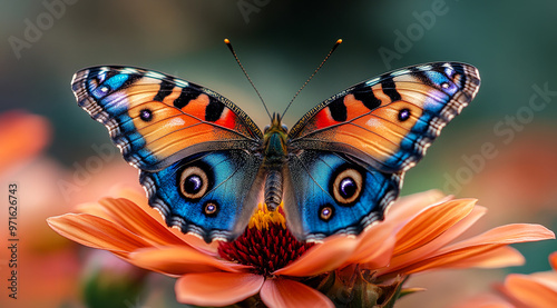 A colorful butterfly is perched on a flower. The butterfly is blue and orange, with a black and white pattern on its wings. The flower is orange and has a round center