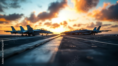 Military aircraft lined up on a navy aircraft carrier during a sunset on Navy Day showcasing naval power