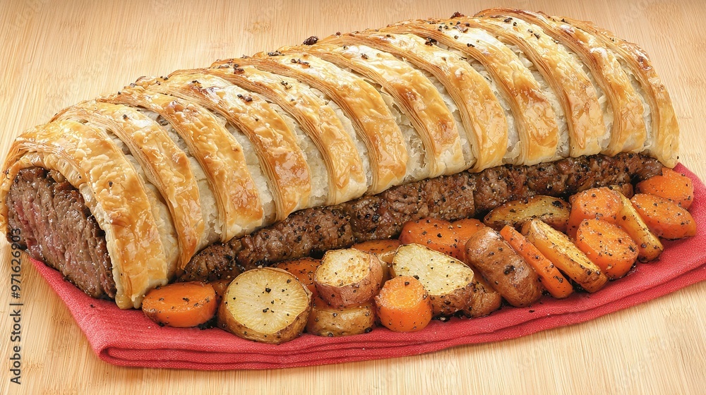   A platter of meat, potatoes, carrots, and croissants is presented on a red cloth