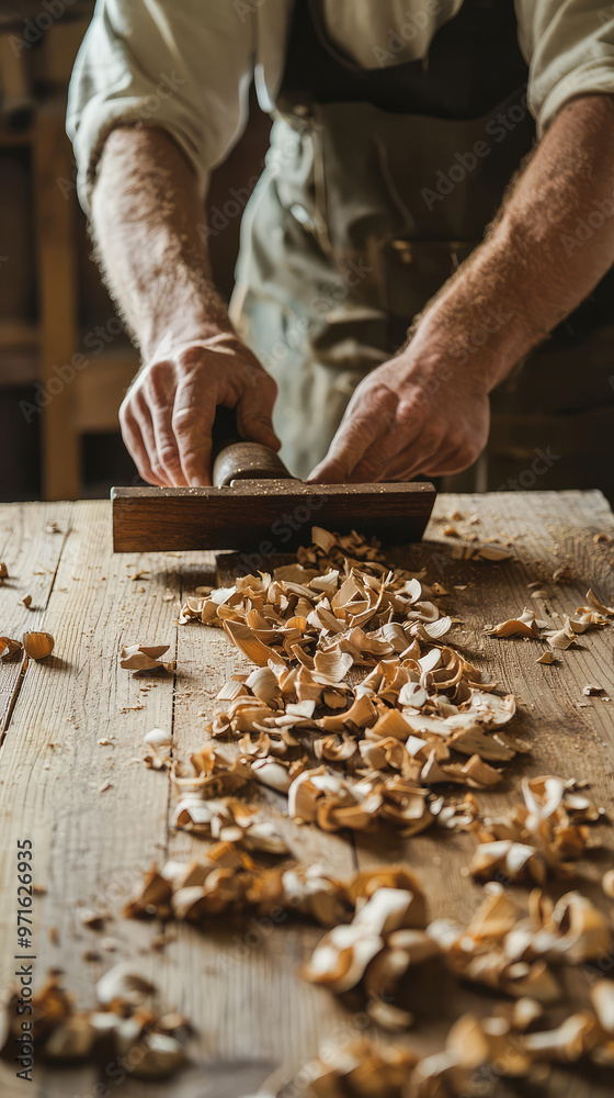 Woodworker using block plane to smooth plank of wood, creating shavings Woodworker using block plane to smooth plank of wood, creating shavings