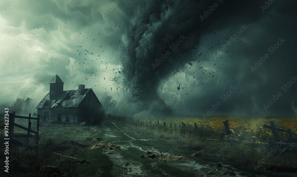Fototapeta premium The tornado in the storm is sweeping up everything it passes and encounters