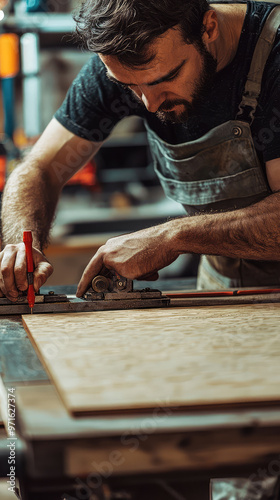 Woodworker measuring and marking wood with precision tools in workshop