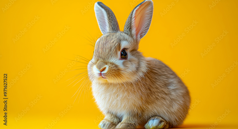 Fototapeta premium A small brown rabbit is sitting on a yellow surface. The rabbit has a curious look on its face and he is looking at the camera