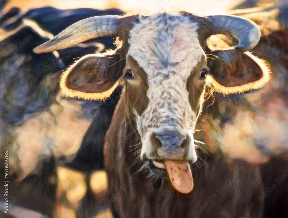 Domestic cow with licking tongue out Domestic cow with licking tongue out