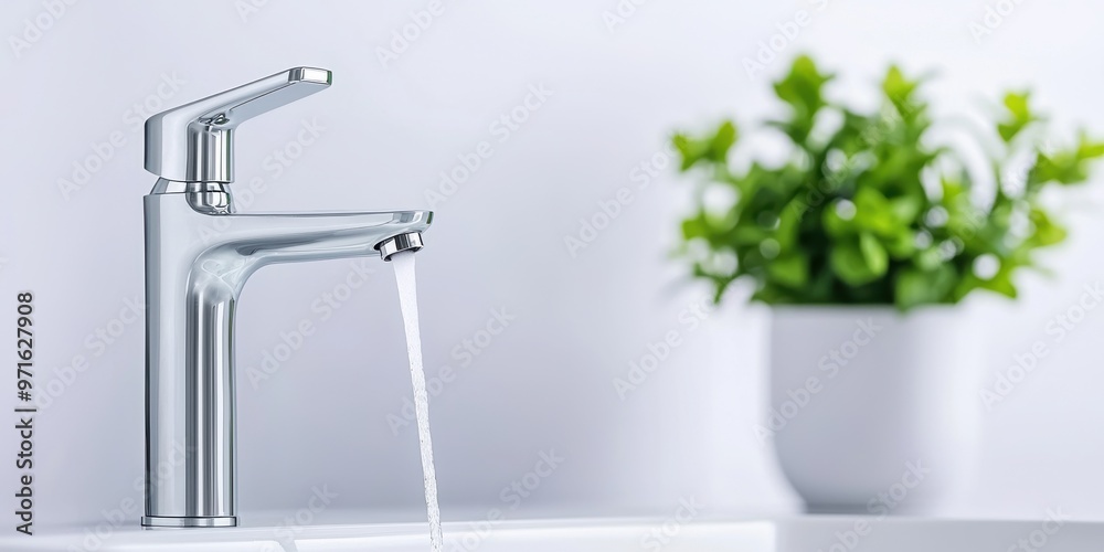 Modern faucet with flowing water beside a fresh green plant, showcasing a clean and minimalist bathroom aesthetic.