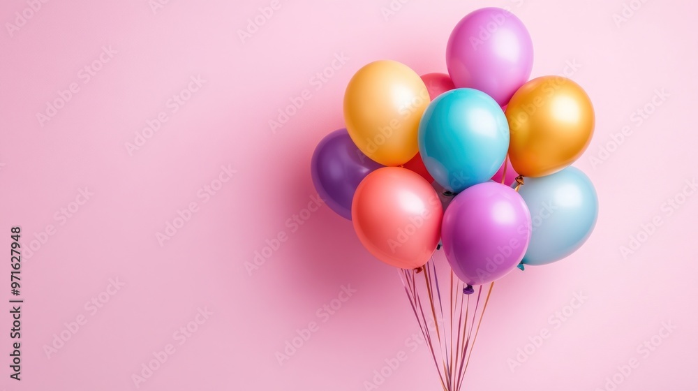 A cluster of colorful balloons against a pink background, ideal for celebrations. A cluster of colorful balloons against a pink background, ideal for celebrations.