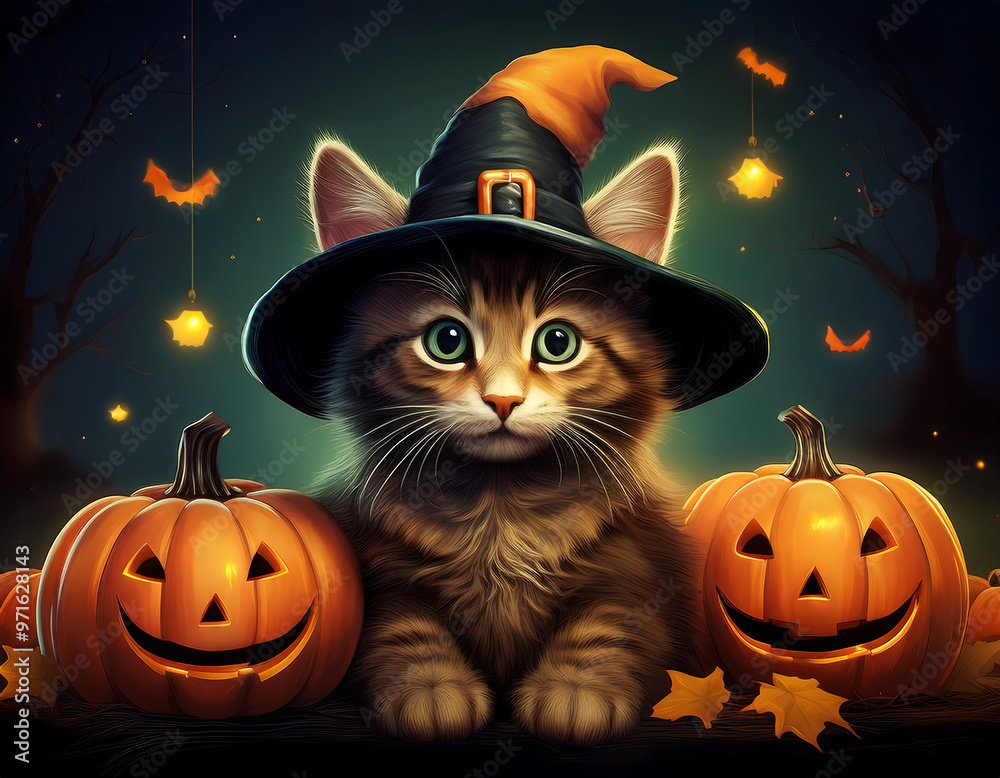 Cute cat in a witch hat, posing with pumpkins for a classic Halloween-themed image. _1(207) Cute cat in a witch hat, posing with pumpkins for a classic Halloween-themed image. _1(207)