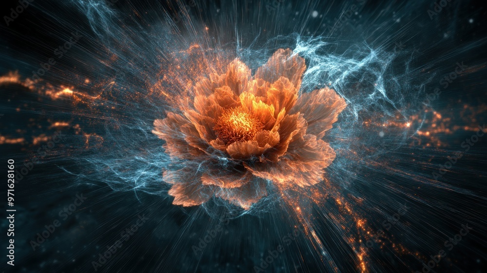 A vibrant, abstract depiction of a glowing flower amidst cosmic energy bursts. A vibrant, abstract depiction of a glowing flower amidst cosmic energy bursts.