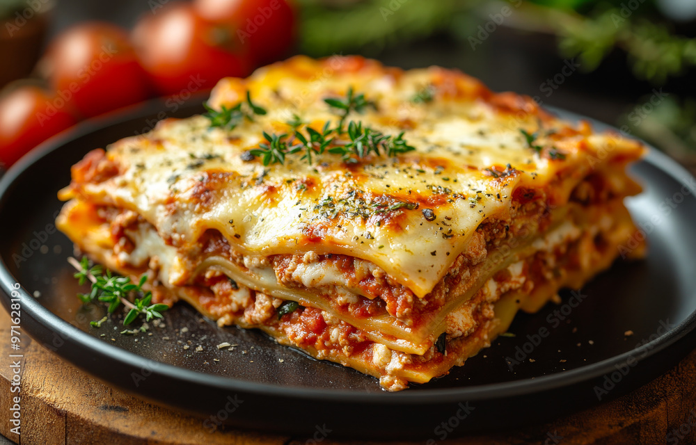 A large lasagna with meat and cheese on a black plate. The dish is topped with herbs and cheese A large lasagna with meat and cheese on a black plate. The dish is topped with herbs and cheese