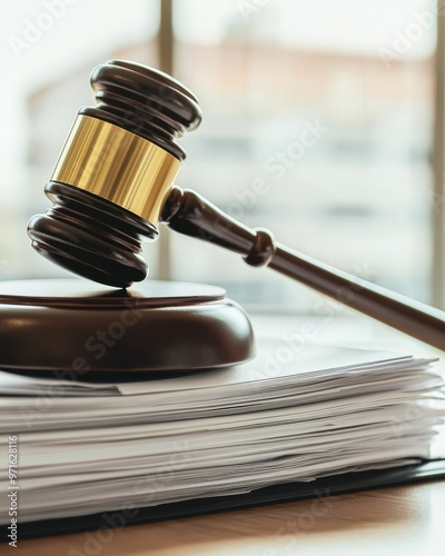 gavel on a stack of legal documents, symbolizing justice and law proceedings in a court setting. photo