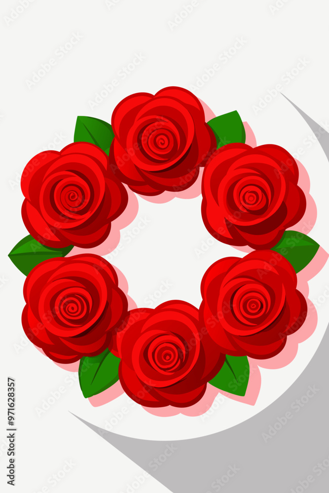 Red Roses Wreath Illustration, Romantic Floral Design Red Roses Wreath Illustration, Romantic Floral Design
