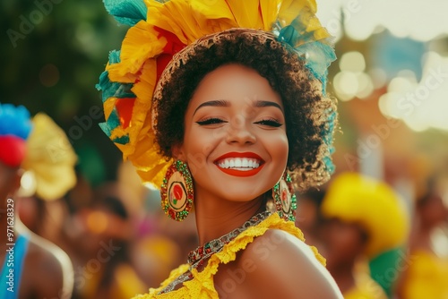 A girl dances at a carnival in a bright costume. She is happy, having fun and enjoying the holiday. Brazil. photo