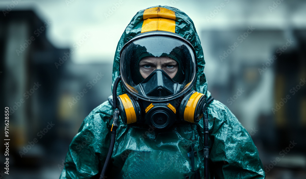 A man in a green and yellow protective suit is standing in the rain. He is wearing a gas mask and a yellow helmet. The man is in a dangerous situation, and the image conveys a sense of urgency