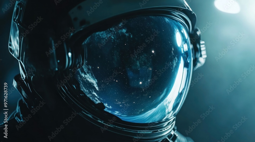An astronaut's helmet reflects a cosmic scene, showcasing the vastness of space. An astronaut's helmet reflects a cosmic scene, showcasing the vastness of space.