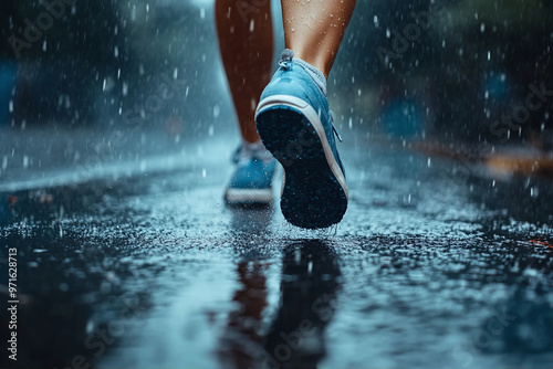 pés femininos em tênis andando na estrada na chuva