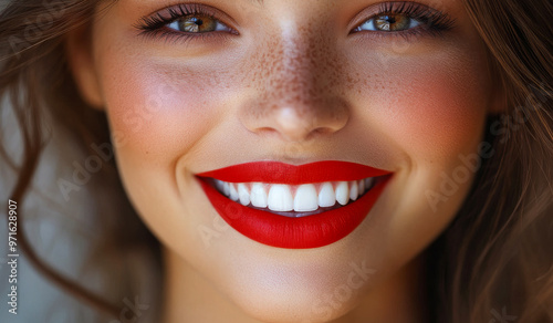 A woman with red lipstick and a smile on her face. She has a lot of red in her makeup