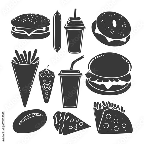 Black and White Silhouette Icons of Fast Food Items