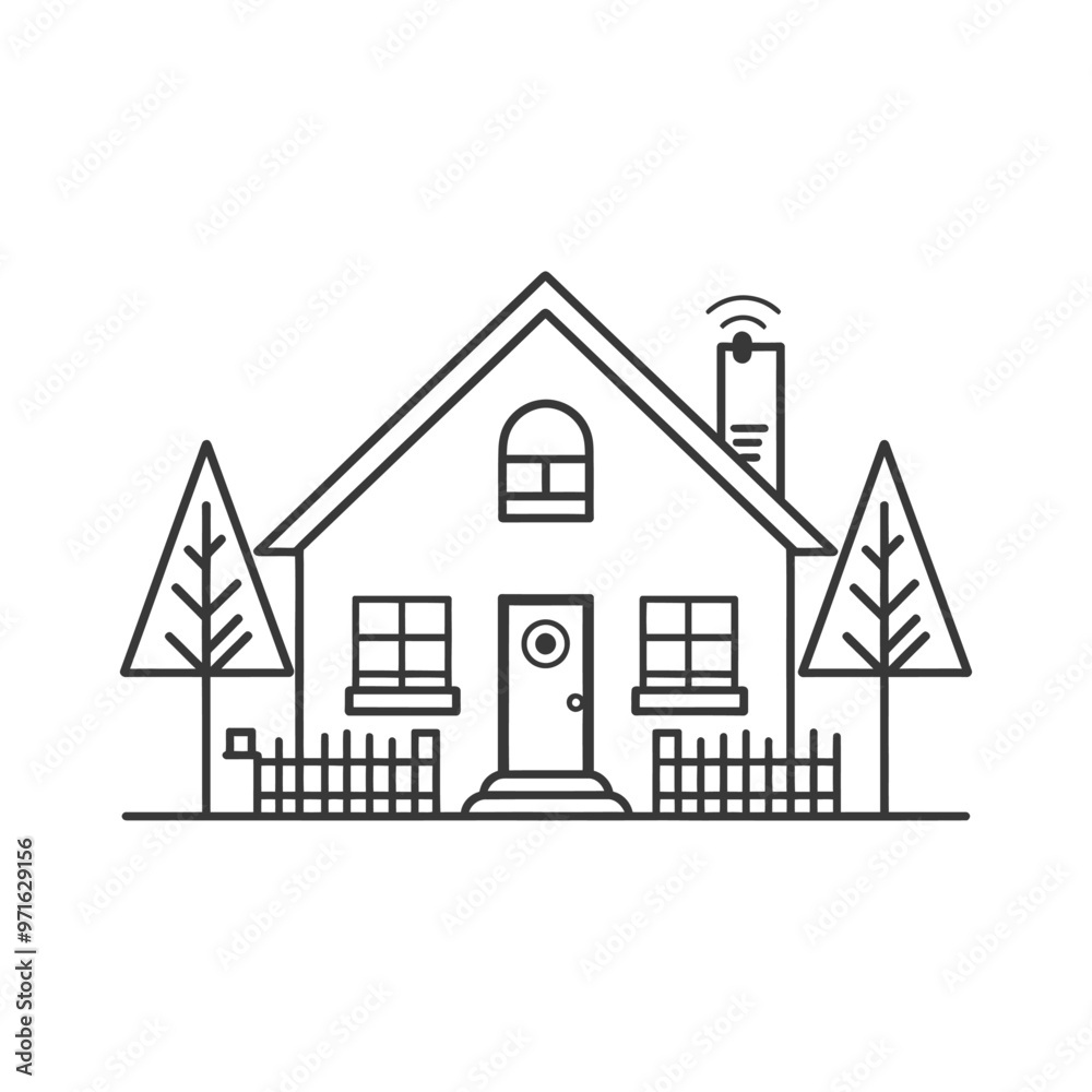 Fototapeta premium Black and White Line Drawing of a Smart Home with Trees and Fences