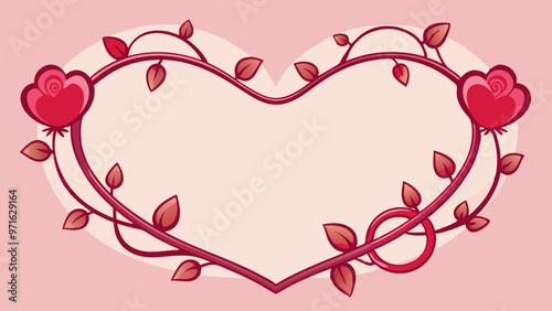 Heart Frame with Leaves and Swirls, Pink Background, Romantic Valentine’s Day Illustration